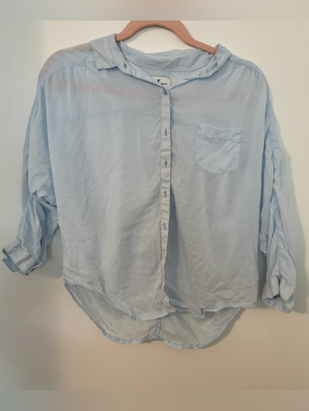 American Eagle Sky Blue Sheer Button Up Ruched Sleeves Blouse Top Size XS
